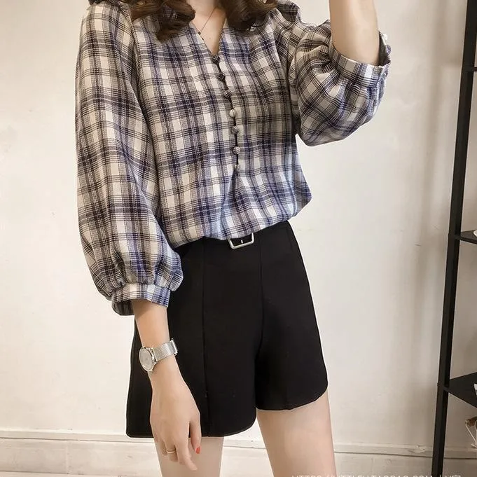 Korean All-Matching Loose Lantern Sleeve Chequered Women Three-Quarter Length Sleeves Tops Trendy Casual Blouse