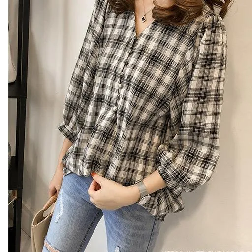 Korean All-Matching Loose Lantern Sleeve Chequered Women Three-Quarter Length Sleeves Tops Trendy Casual Blouse