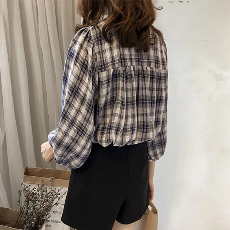 Korean All-Matching Loose Lantern Sleeve Chequered Women Three-Quarter Length Sleeves Tops Trendy Casual Blouse