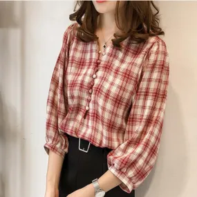 Korean All-Matching Loose Lantern Sleeve Chequered Women Three-Quarter Length Sleeves Tops Trendy Casual Blouse