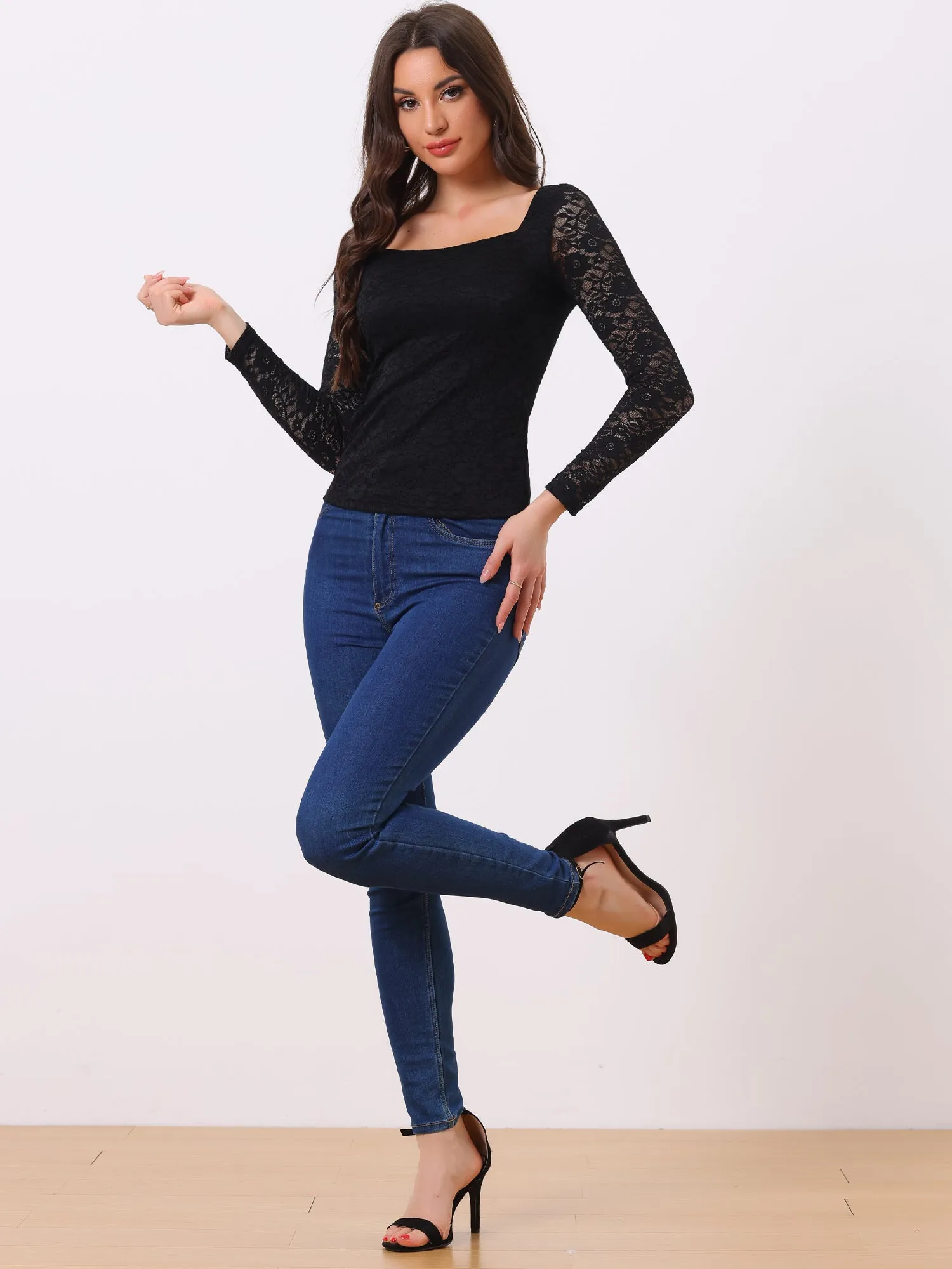 Lace Blouse Sweetheart Neck Long Sleeve Elegant Tops