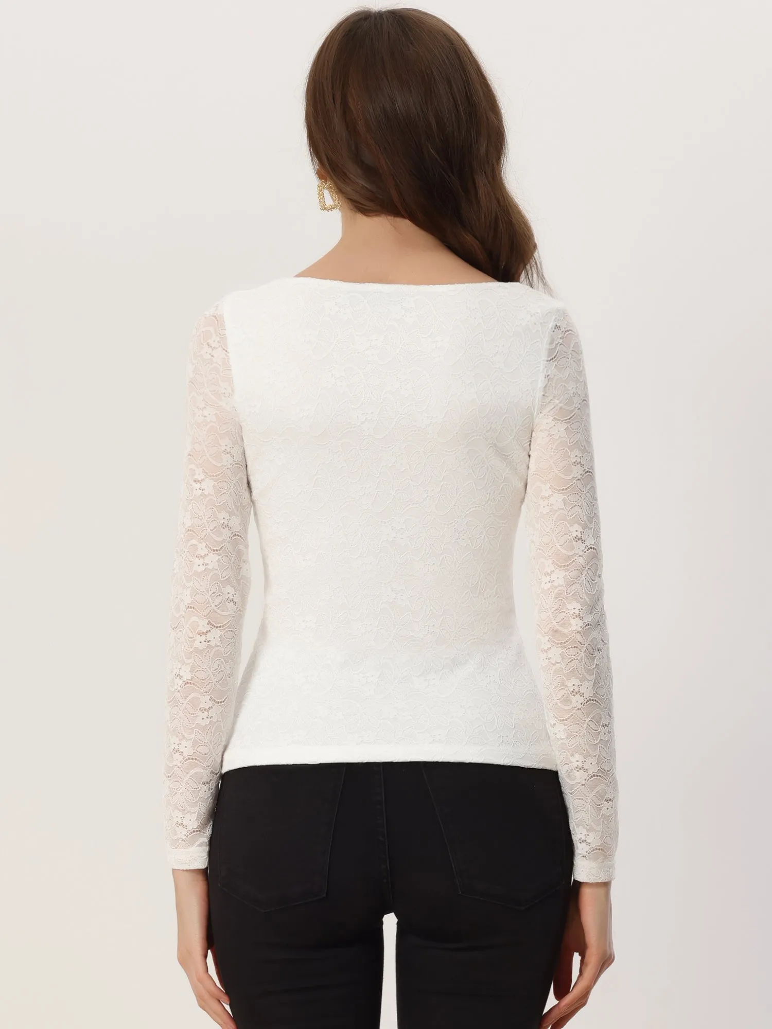 Lace Blouse Sweetheart Neck Long Sleeve Elegant Tops