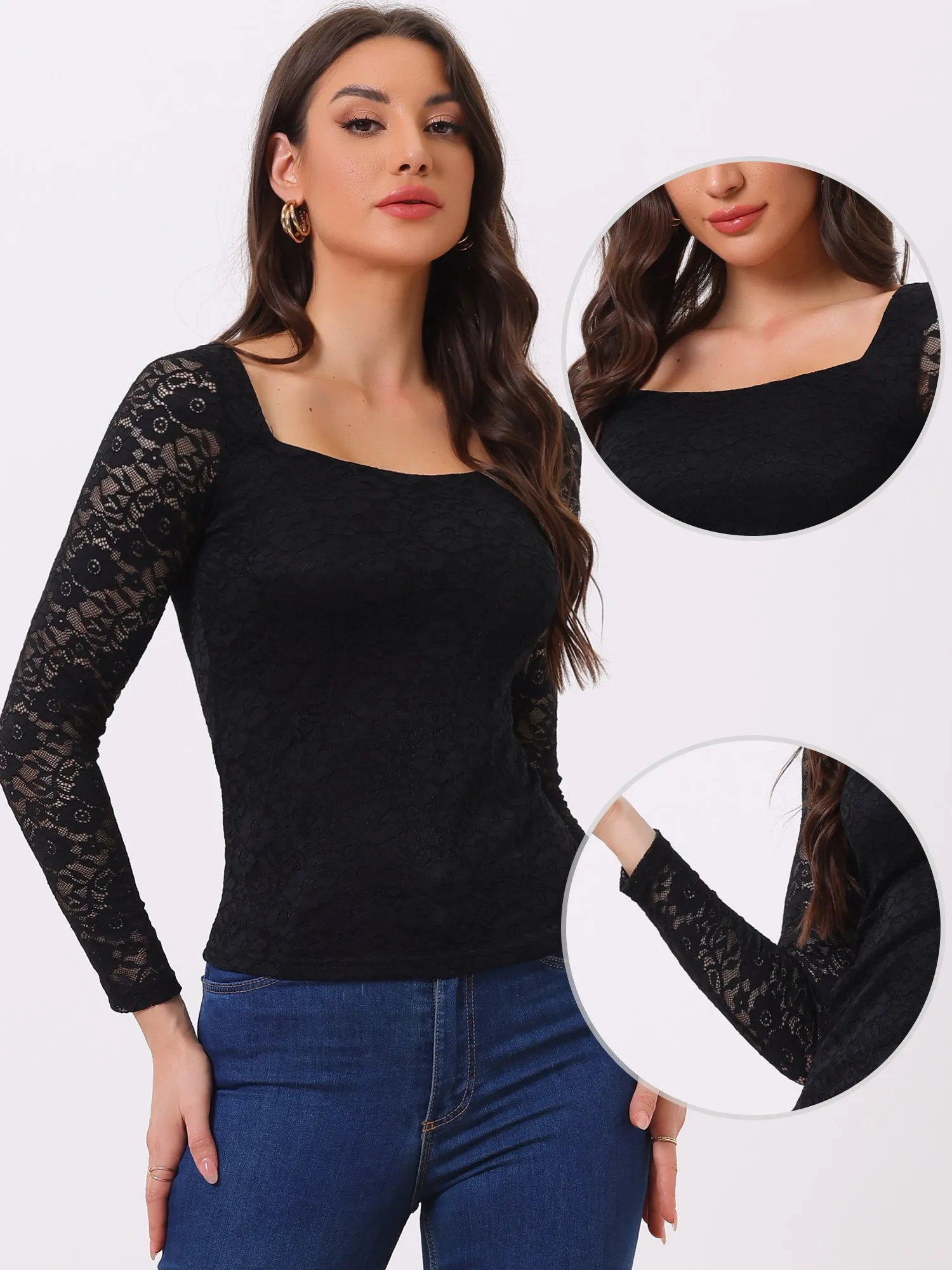Lace Blouse Sweetheart Neck Long Sleeve Elegant Tops