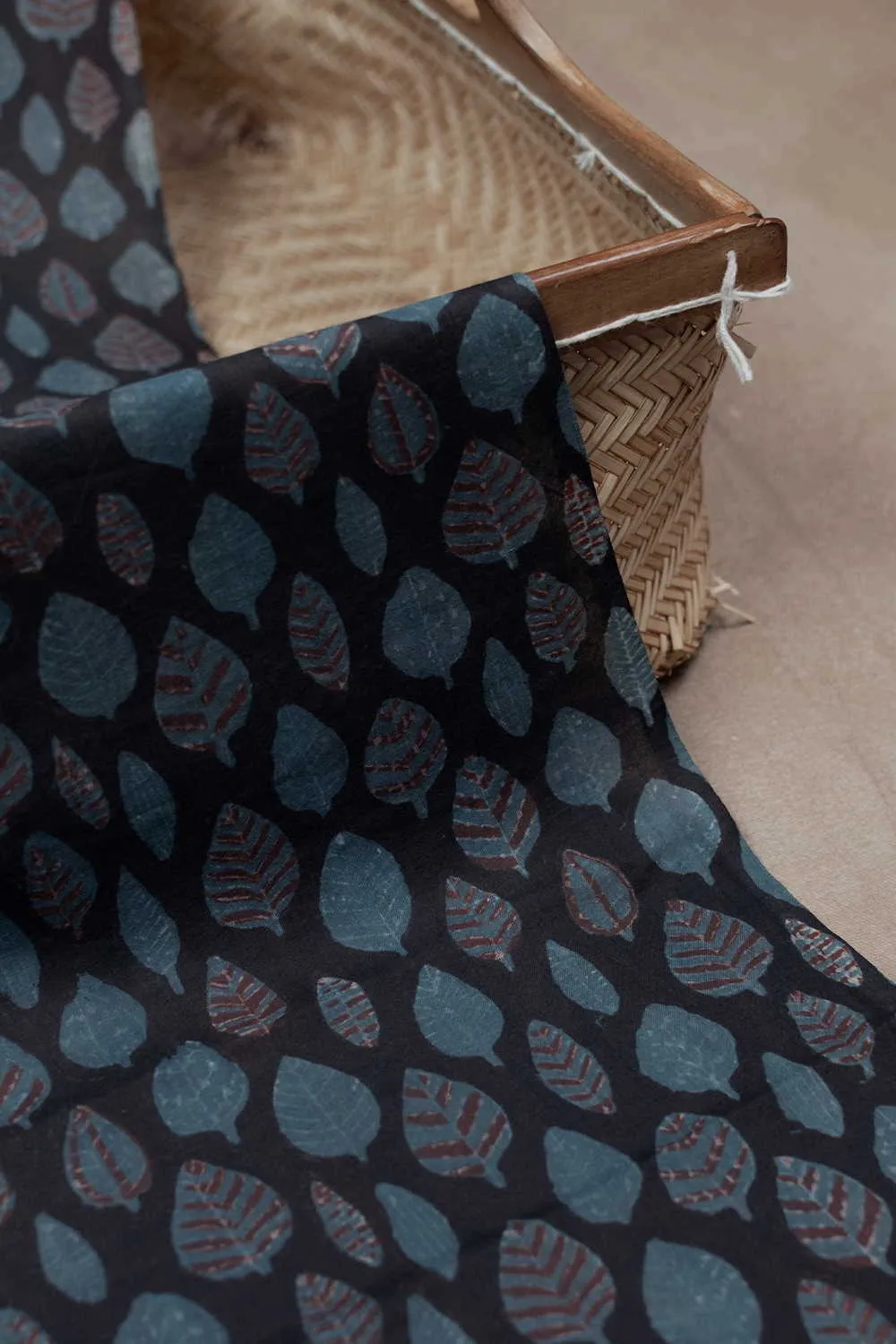 Leaf Butta on Black Bagru Cotton Fabric