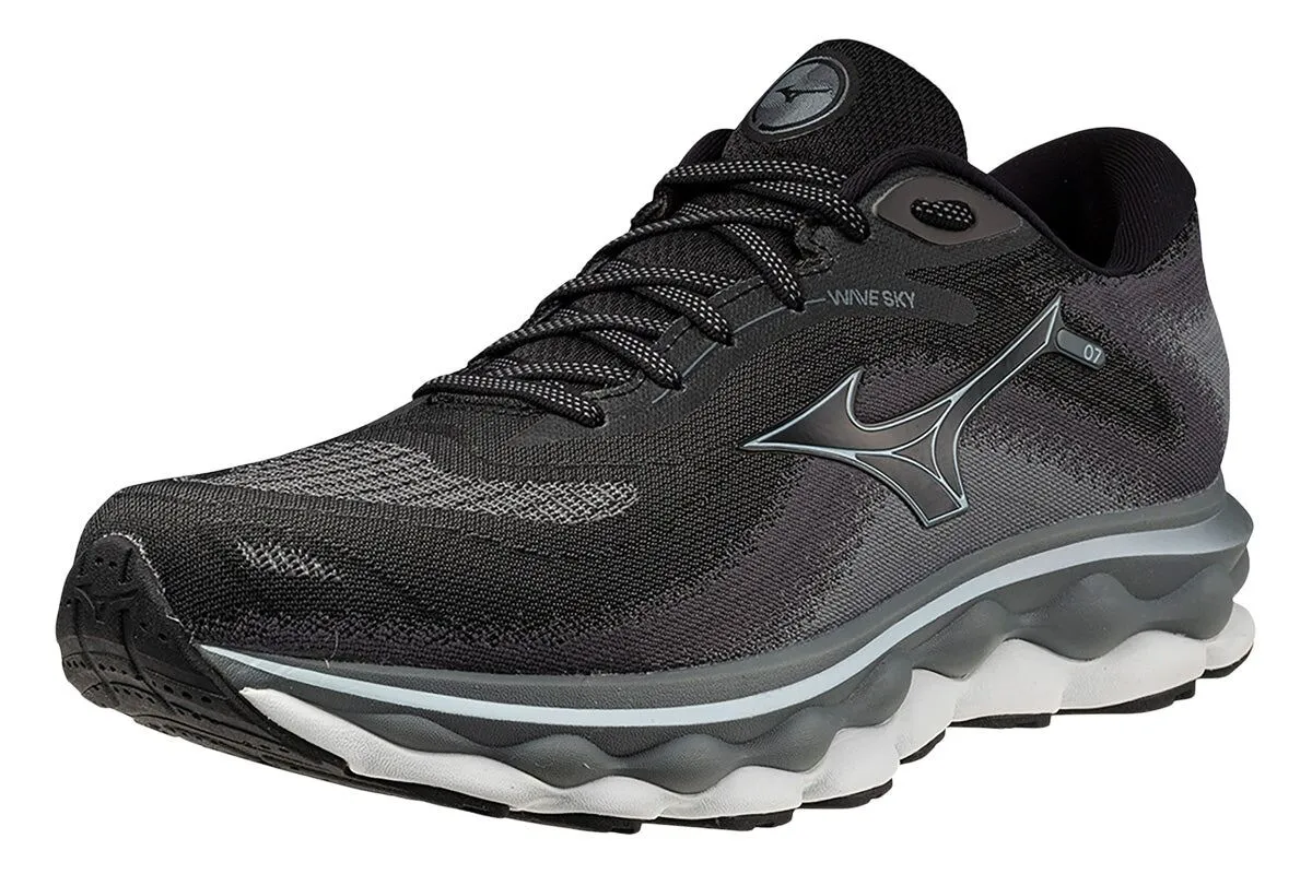 Mens Mizuno Wave Sky 7 2E Wide Black/Glacial Ridge/Stormy Weather, Size 9.5