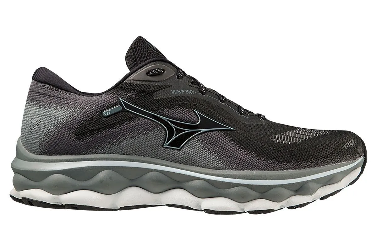 Mens Mizuno Wave Sky 7 2E Wide Black/Glacial Ridge/Stormy Weather, Size 9.5