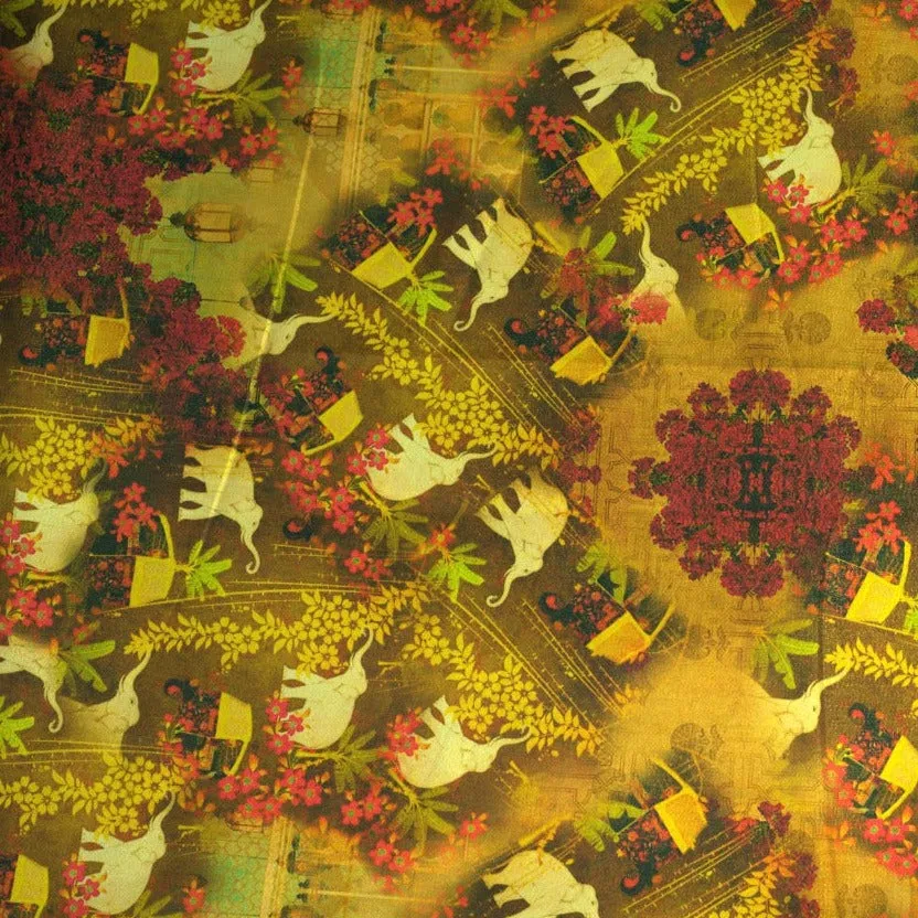 Multi Color Digital Print Golden Shimmer Satin Fabric 1