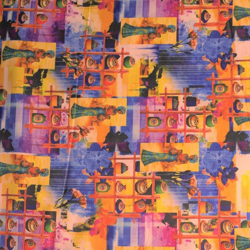 Multi Color Digital Print Golden Shimmer Satin Fabric