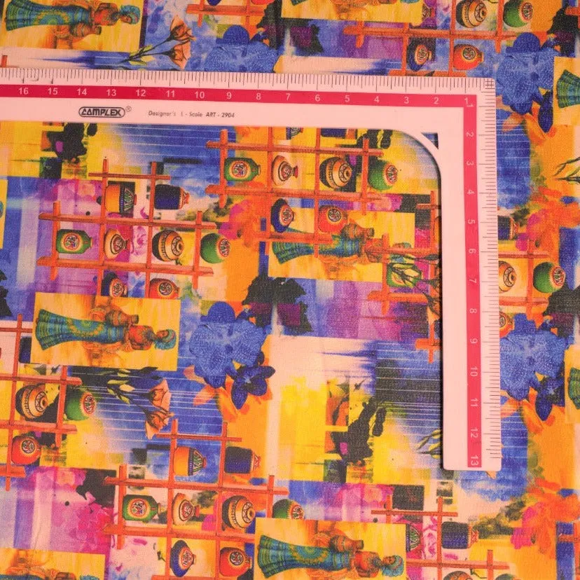 Multi Color Digital Print Golden Shimmer Satin Fabric