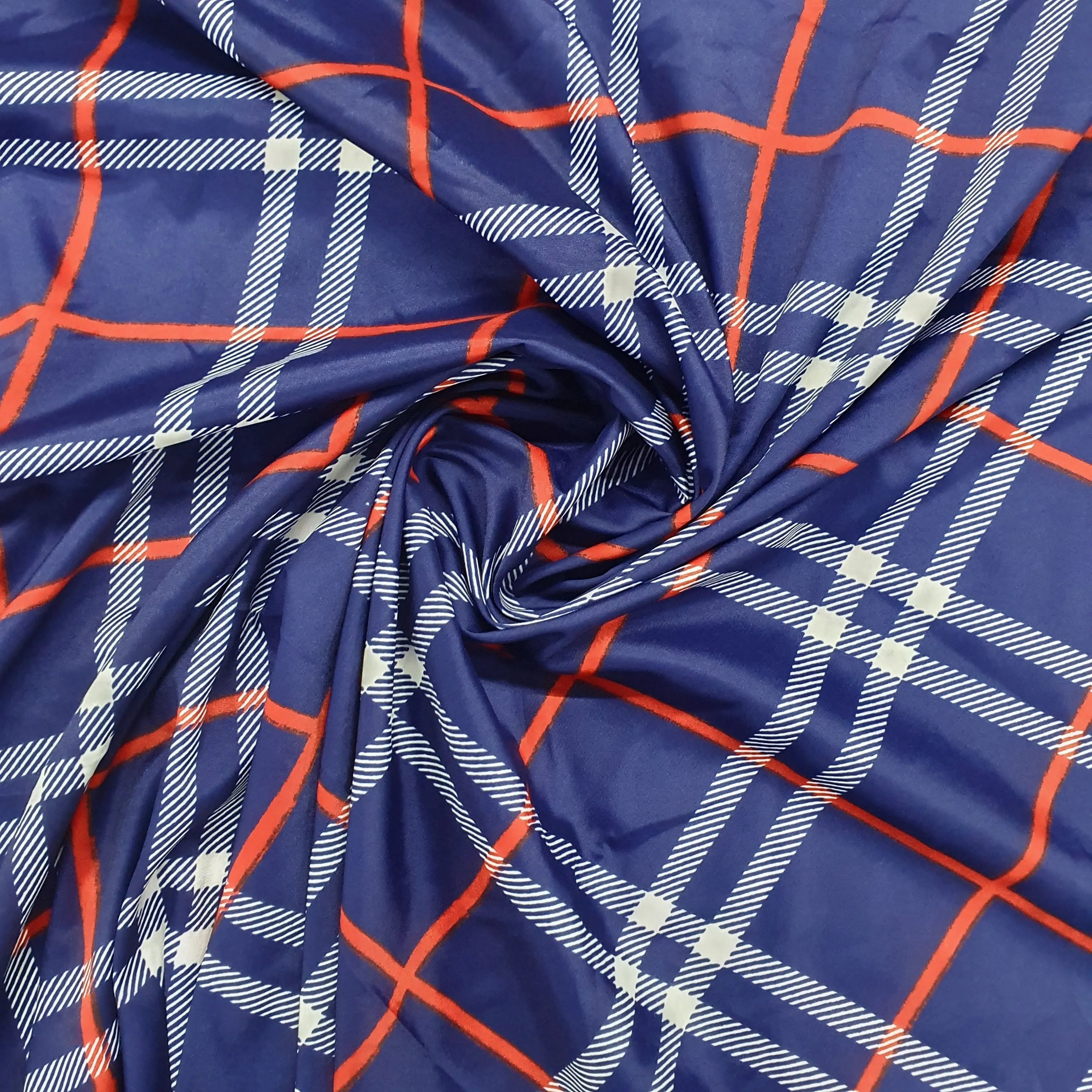 Navy Blue Check Satin Fabric