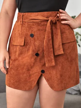 Plain Button Front Mini Plus Size Skirt
