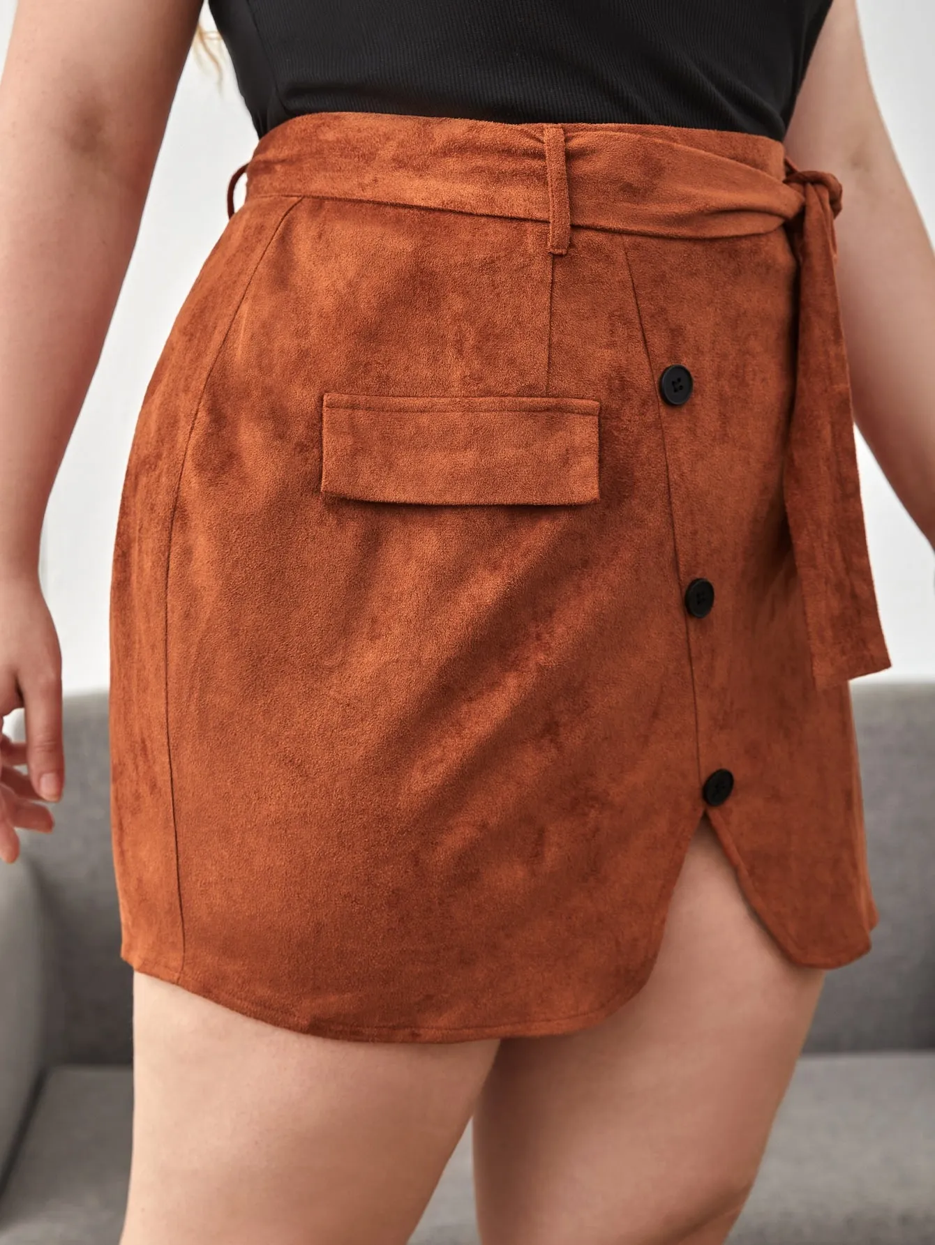 Plain Button Front Mini Plus Size Skirt