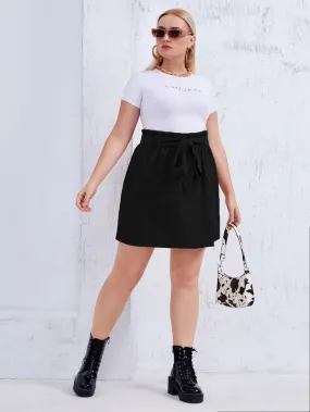 Plain Paper Bag Waist Short Plus Size Skirts
