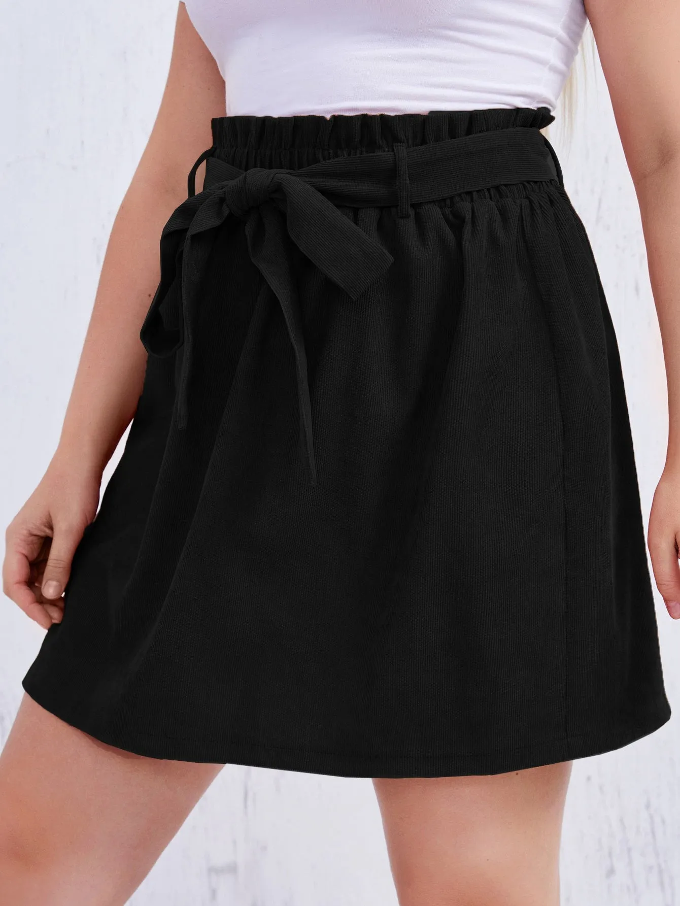 Plain Paper Bag Waist Short Plus Size Skirts