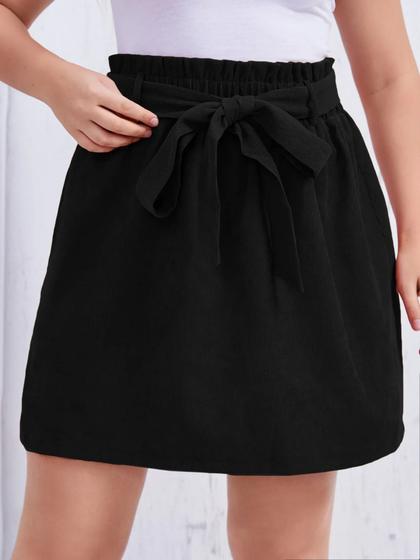 Plain Paper Bag Waist Short Plus Size Skirts