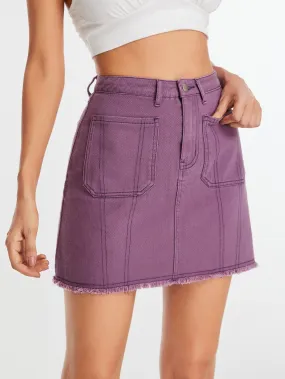 Plain Pocket High Waist Short Women Skirt