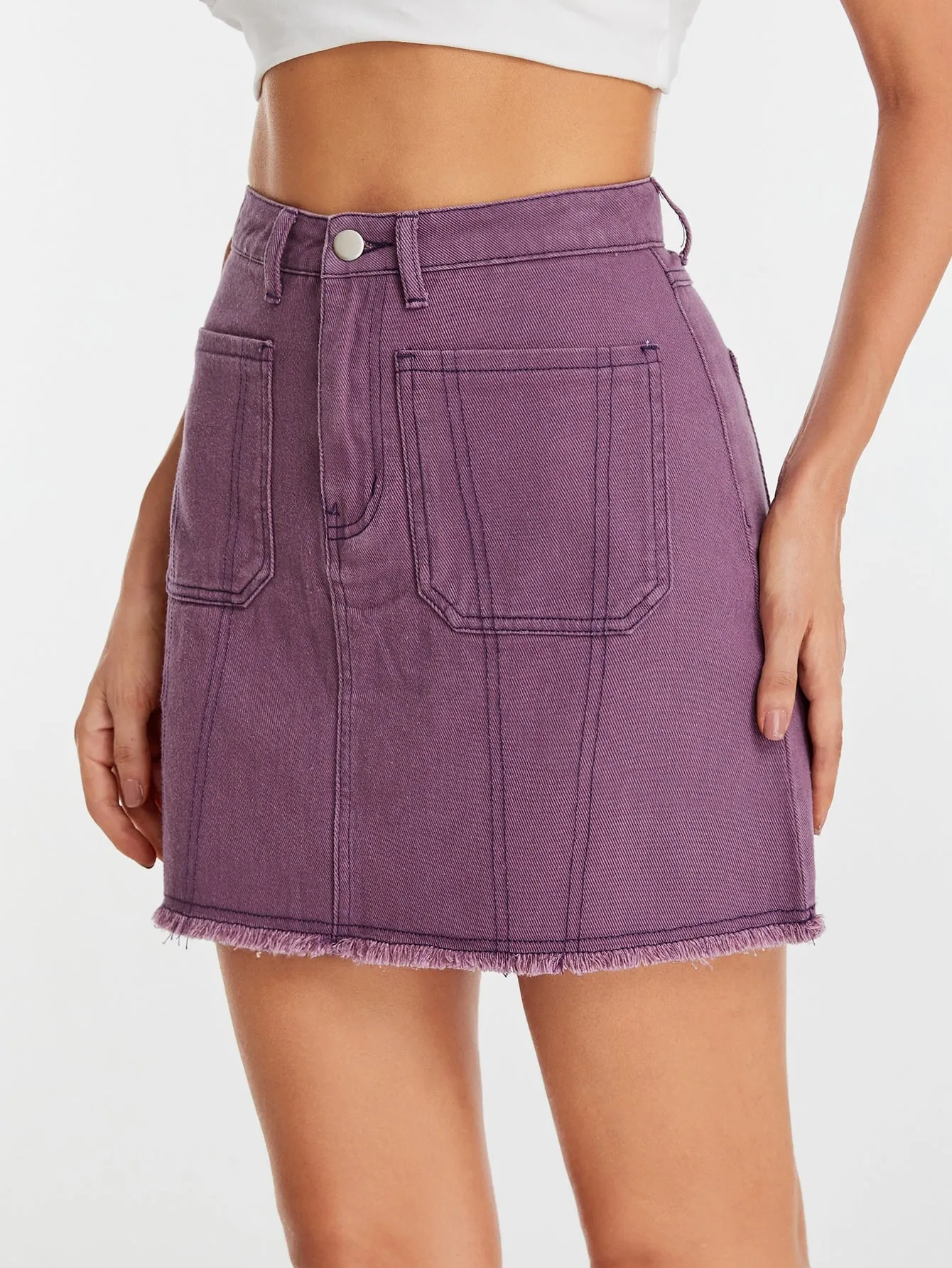 Plain Pocket High Waist Short Women Skirt