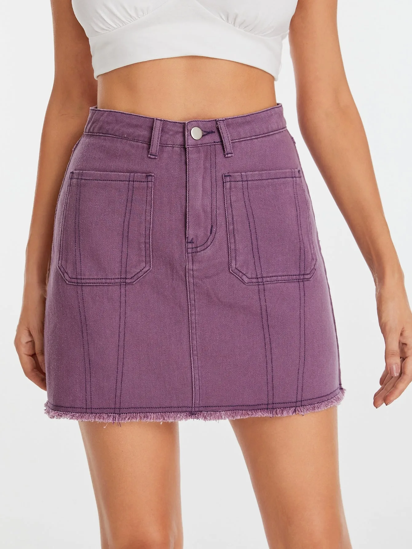 Plain Pocket High Waist Short Women Skirt