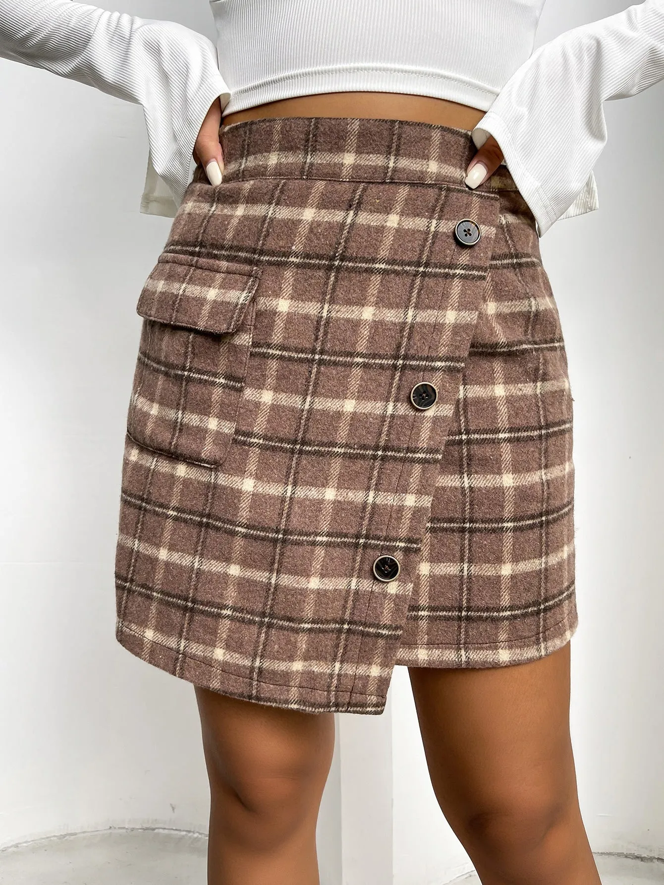 Preppy Plain Button Front High Waist Mini Women Skirt