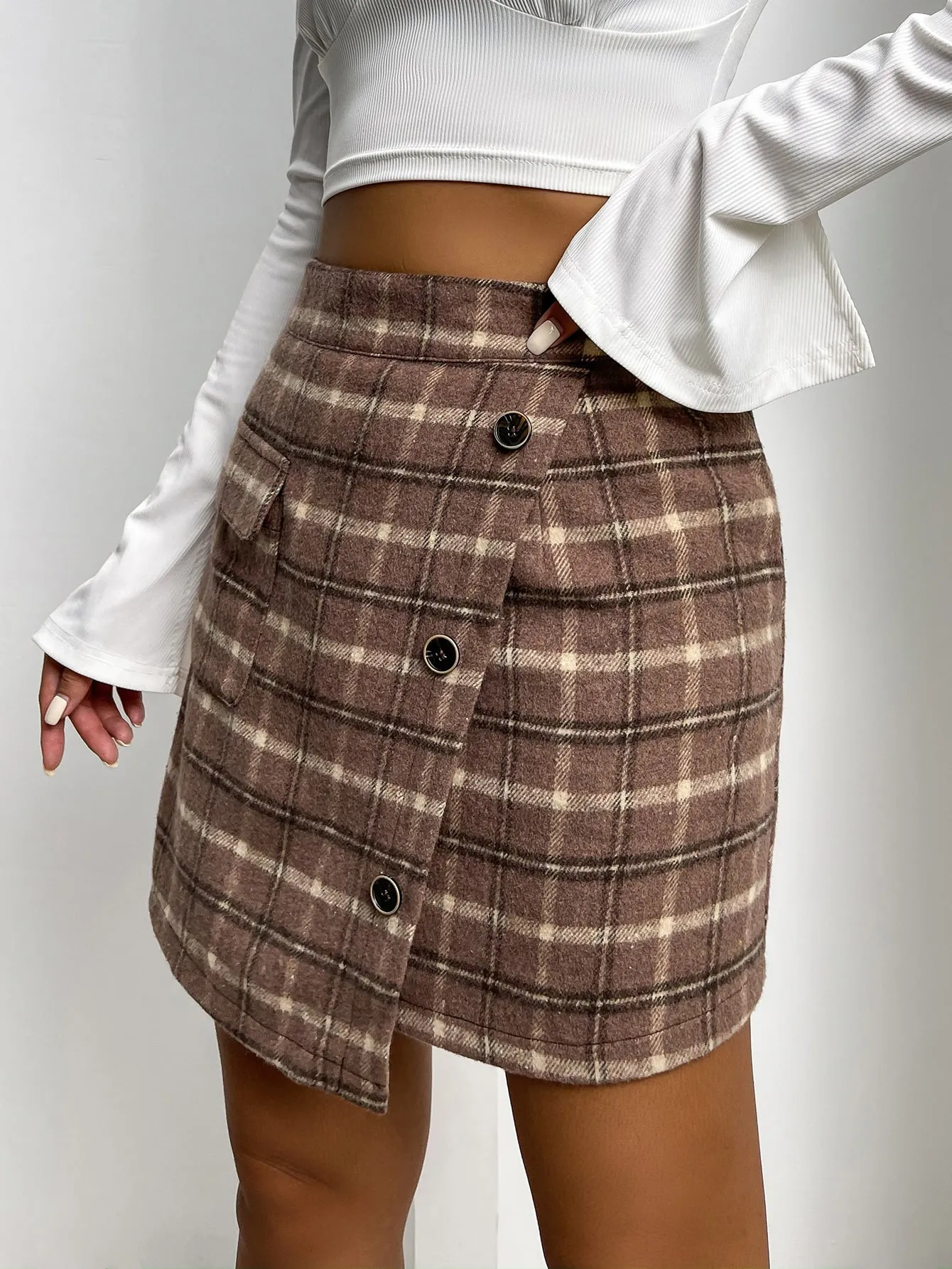 Preppy Plain Button Front High Waist Mini Women Skirt