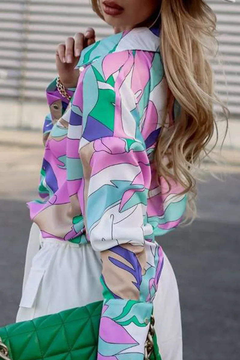 Purpdrank - Elegant Print Contrast Turndown Collar Tops