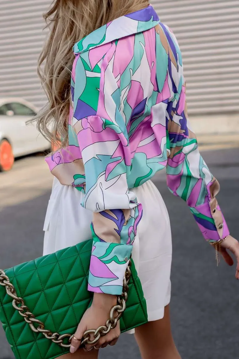 Purpdrank - Elegant Print Contrast Turndown Collar Tops