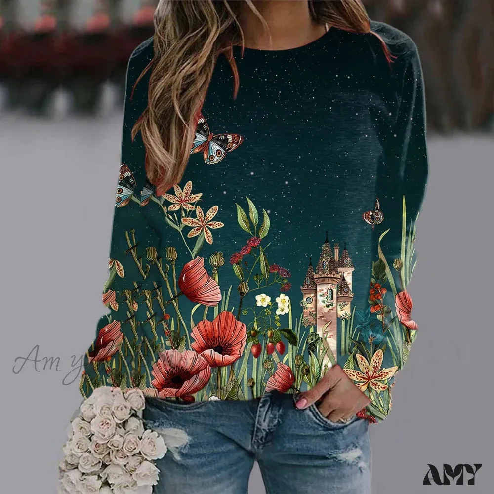 Sequins Butterfly 3d Printed O Neck Long Sleeve Sweatshirt