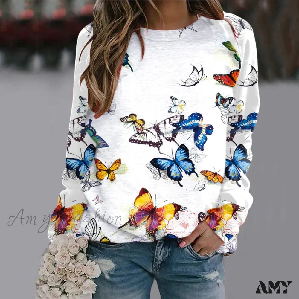 Sequins Butterfly 3d Printed O Neck Long Sleeve Sweatshirt