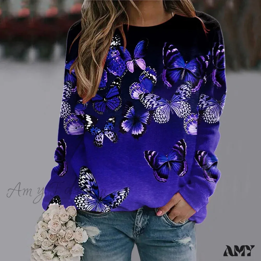Sequins Butterfly 3d Printed O Neck Long Sleeve Sweatshirt