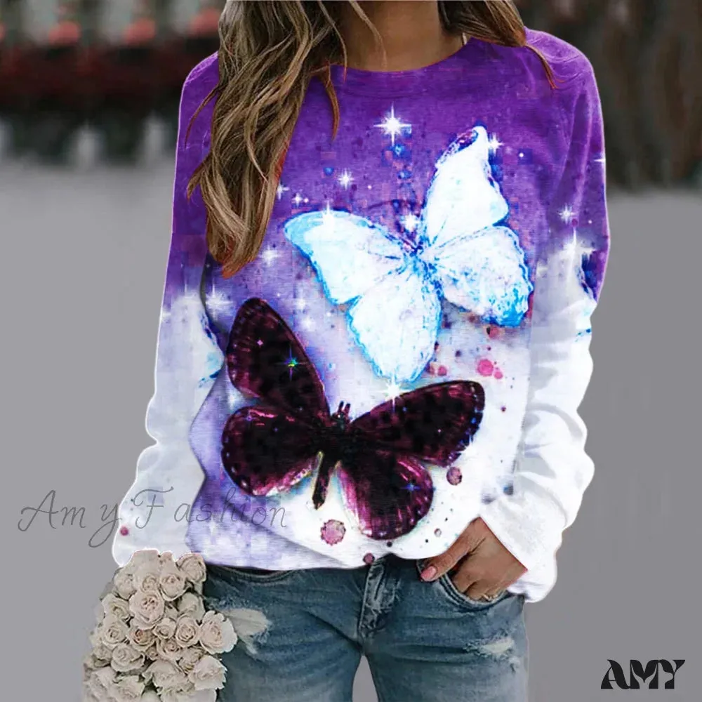 Sequins Butterfly 3d Printed O Neck Long Sleeve Sweatshirt