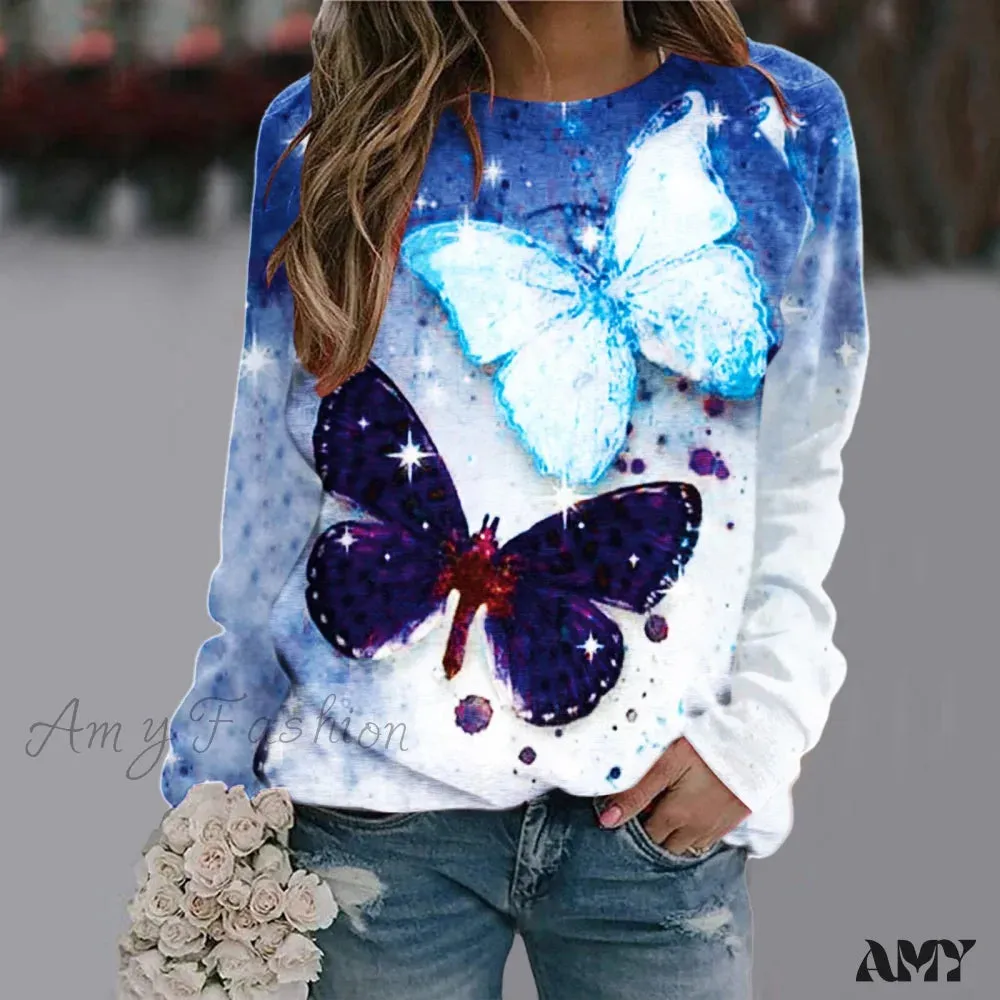 Sequins Butterfly 3d Printed O Neck Long Sleeve Sweatshirt