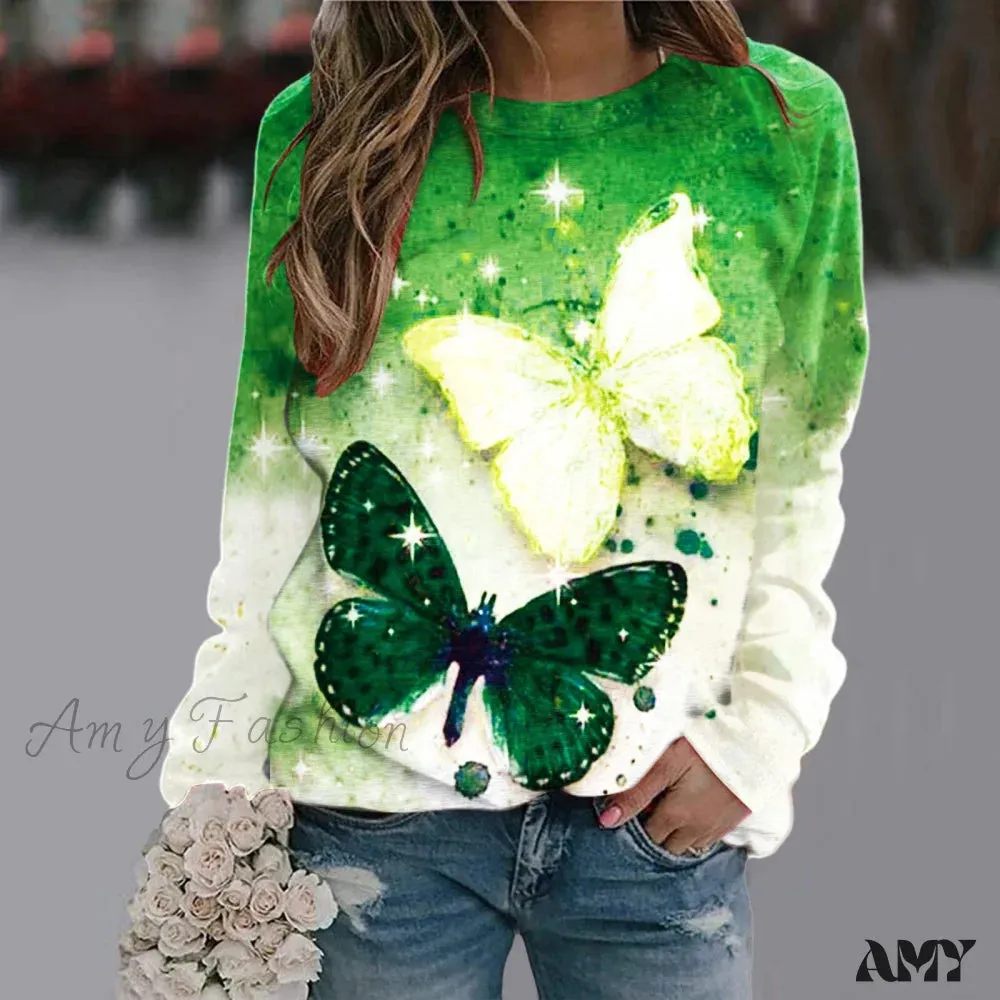 Sequins Butterfly 3d Printed O Neck Long Sleeve Sweatshirt