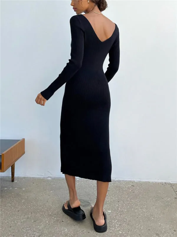 Sleek Ribbed Bodycon Dress with Sheath Silhouette & Chic V Open Back