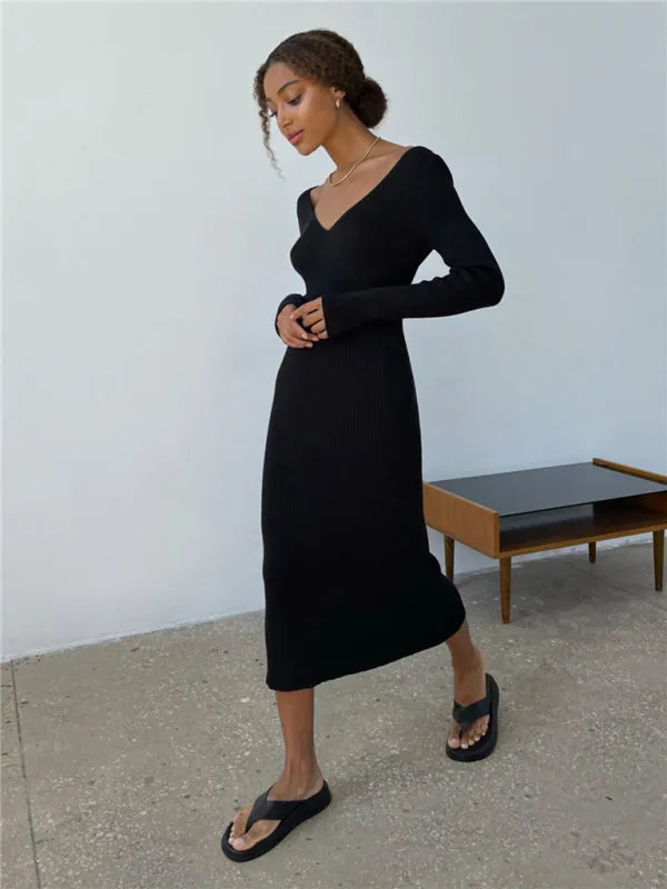 Sleek Ribbed Bodycon Dress with Sheath Silhouette & Chic V Open Back