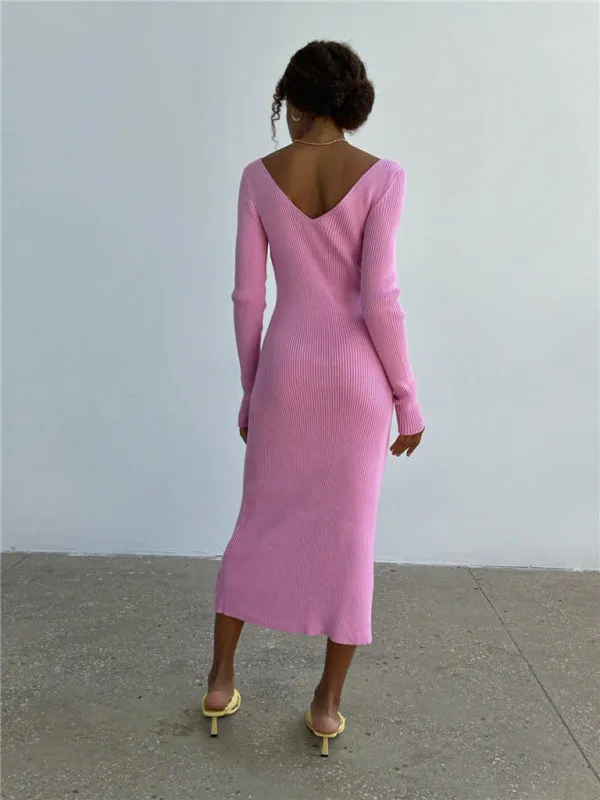 Sleek Ribbed Bodycon Dress with Sheath Silhouette & Chic V Open Back