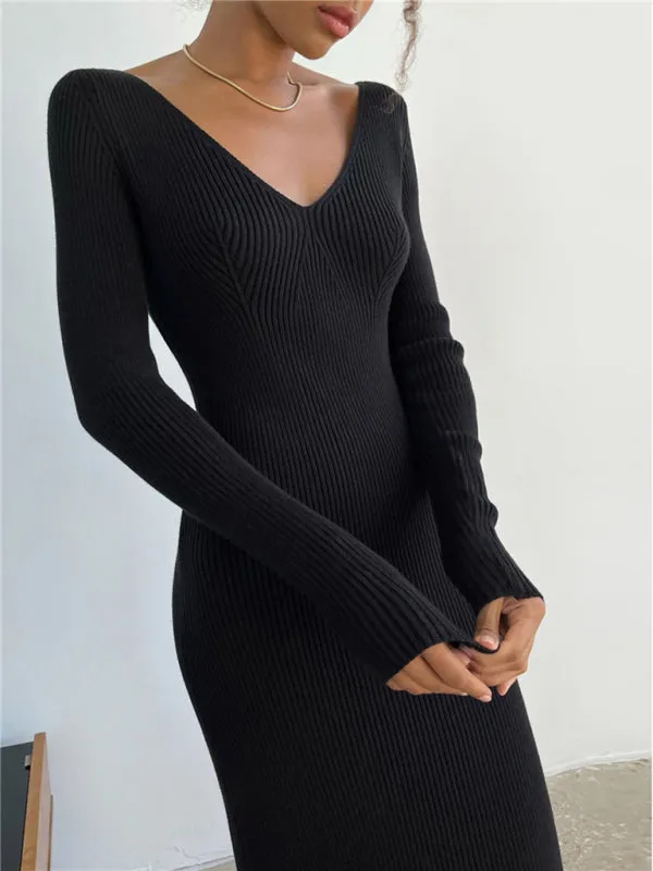 Sleek Ribbed Bodycon Dress with Sheath Silhouette & Chic V Open Back