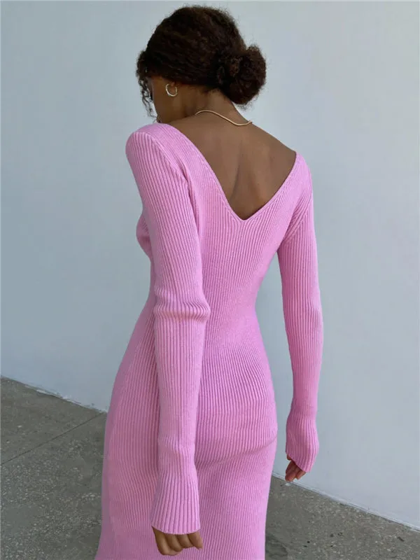 Sleek Ribbed Bodycon Dress with Sheath Silhouette & Chic V Open Back
