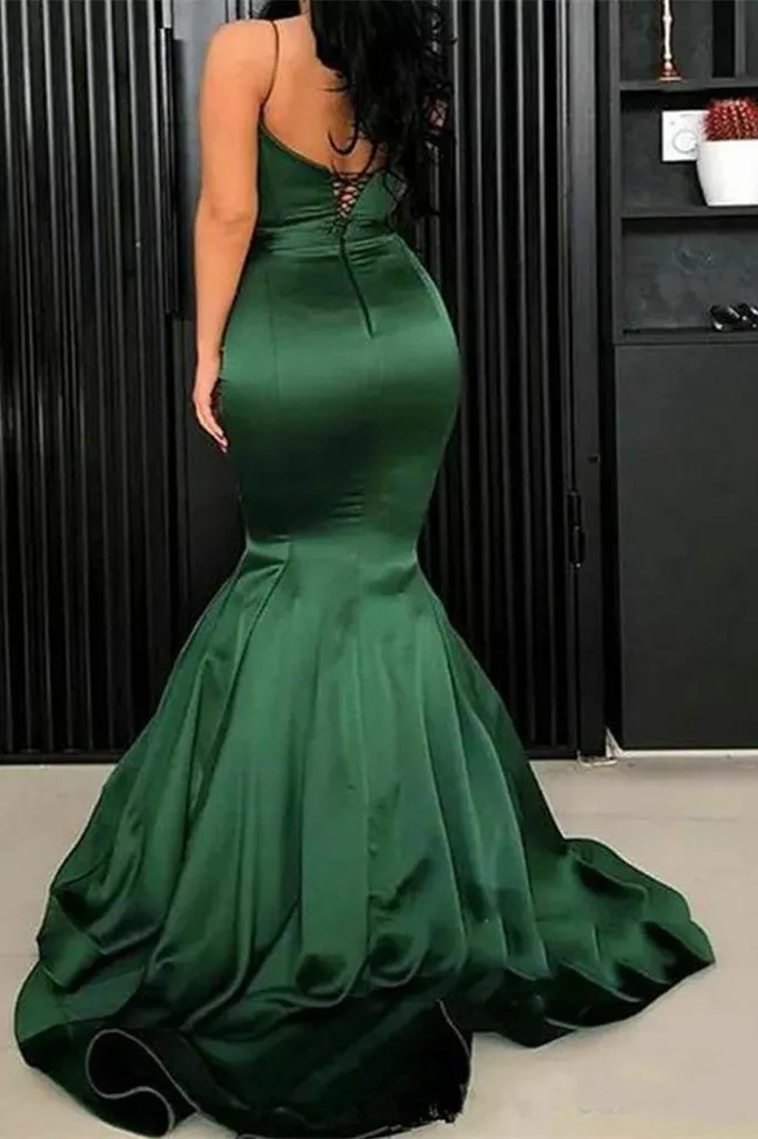 Spaghetti Straps Sleek Mermaid  Green Satin Prom Dress