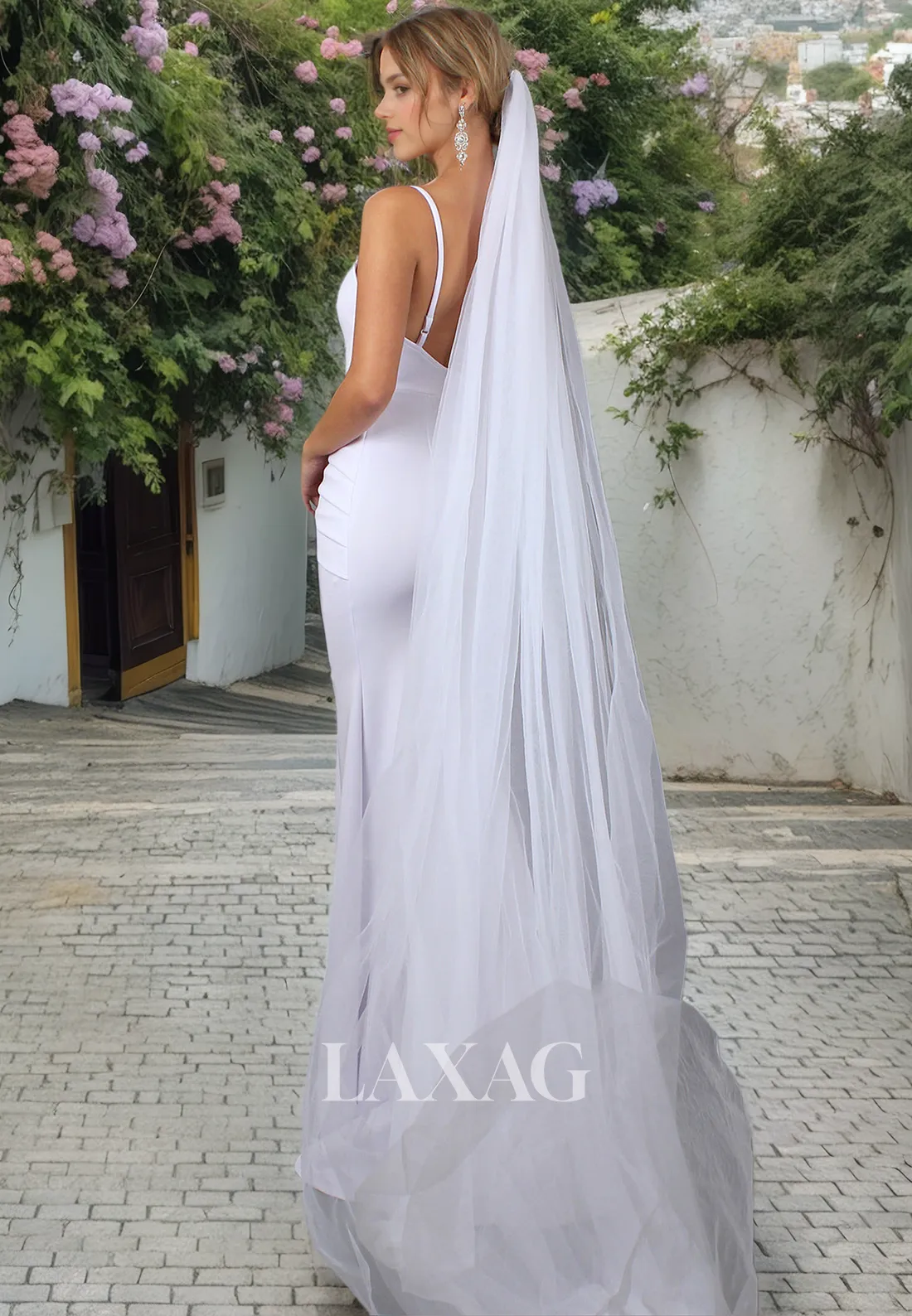 Spaghetti Straps Sleek Satin Mermaid Elegant Wedding Dress with Slit and Train