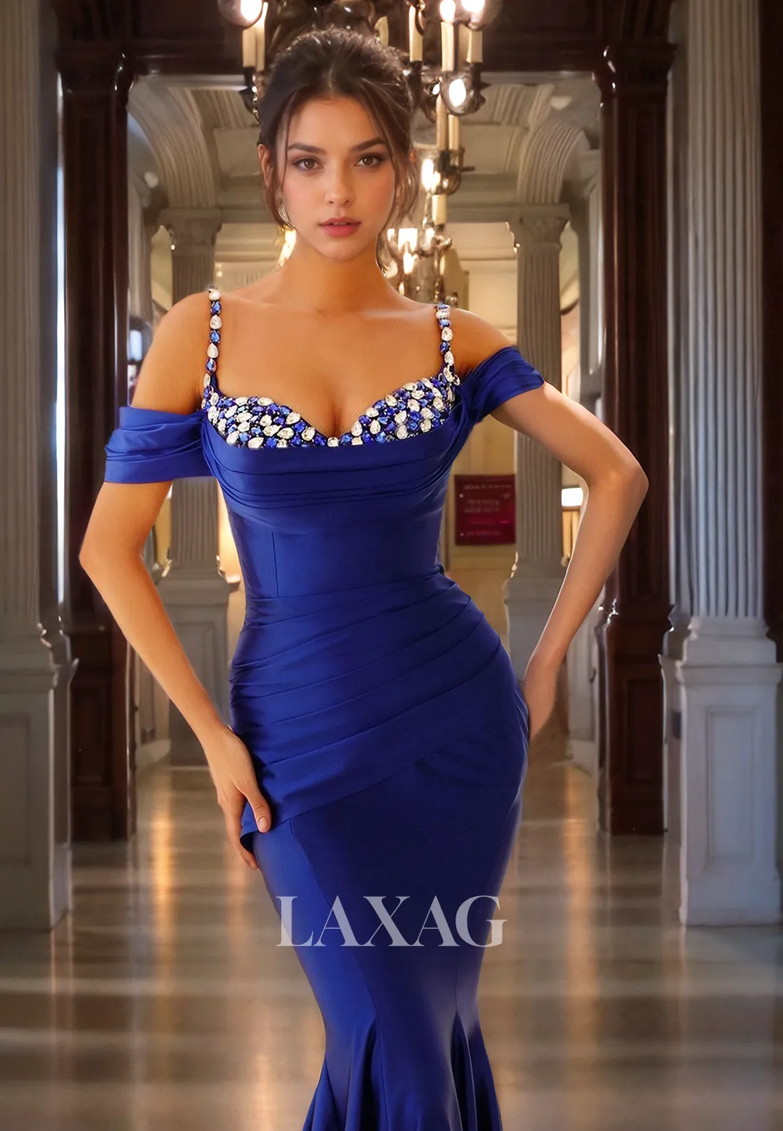 Straps Off Shoulder Beaded Sleek Satin Mermaid Party Prom Formal Evening Dress