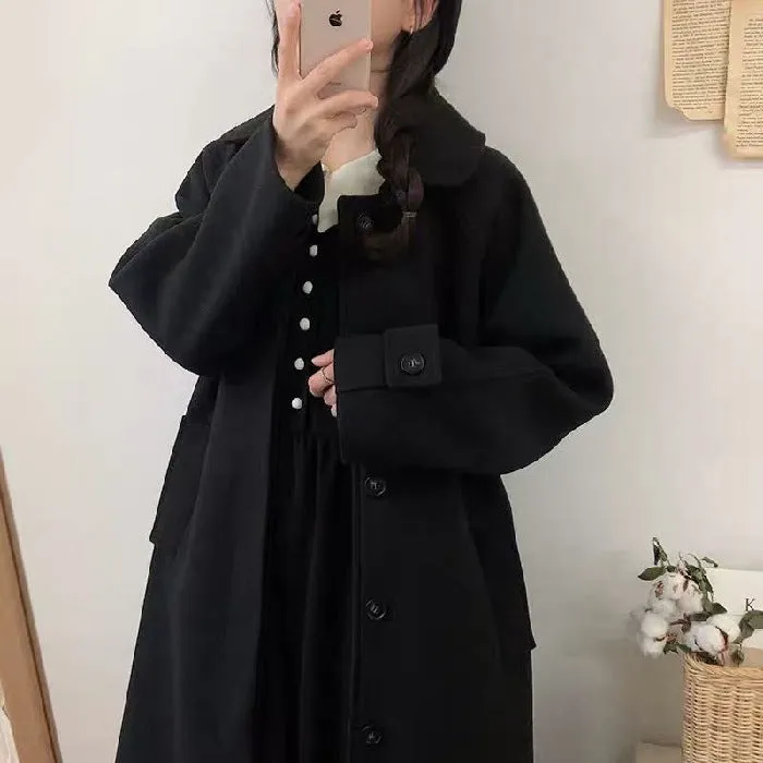 Student Wool Women Mid-Length Korean Loose Slim-Look Thick Woolen Coat