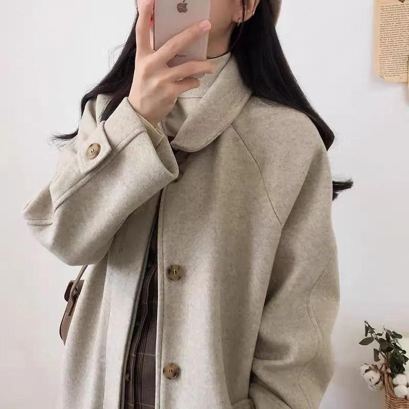 Student Wool Women Mid-Length Korean Loose Slim-Look Thick Woolen Coat