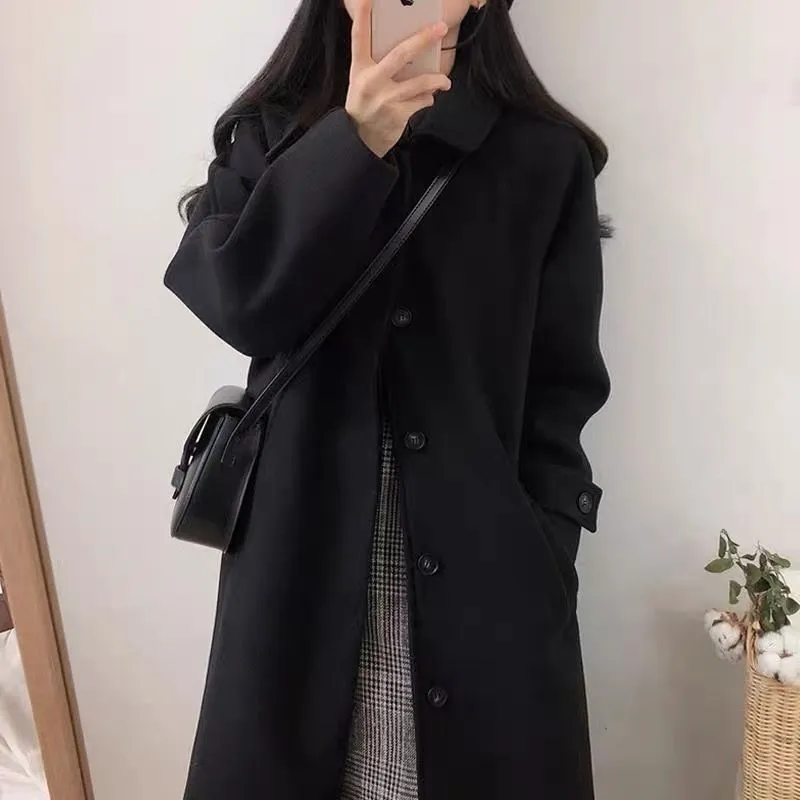 Student Wool Women Mid-Length Korean Loose Slim-Look Thick Woolen Coat