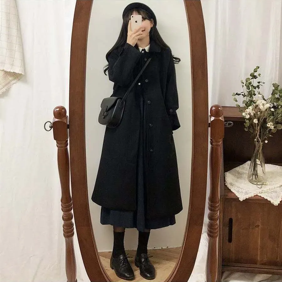 Student Wool Women Mid-Length Korean Loose Slim-Look Thick Woolen Coat