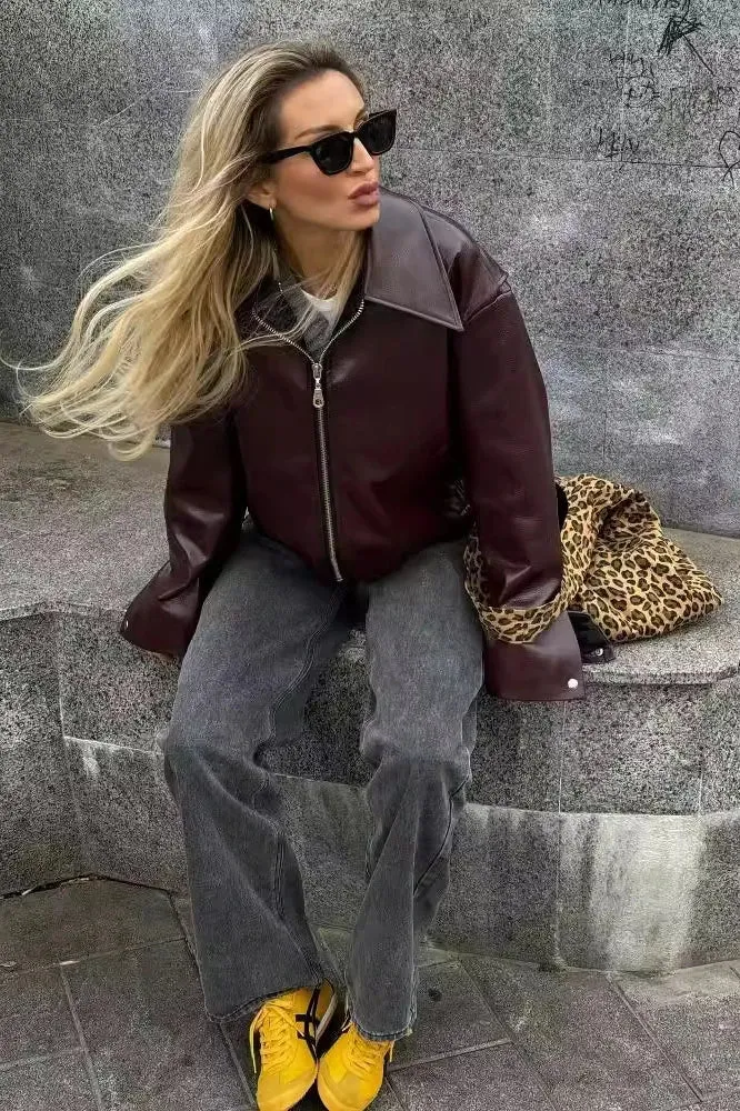 Stylish Leather Biker Jacket with Lapel