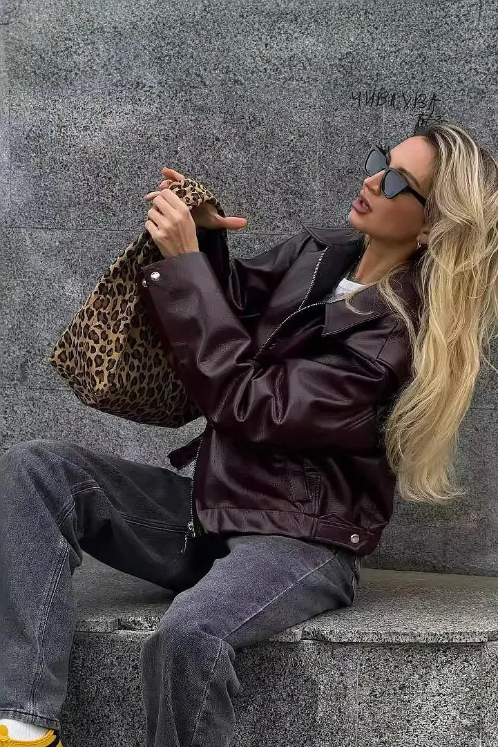 Stylish Leather Biker Jacket with Lapel