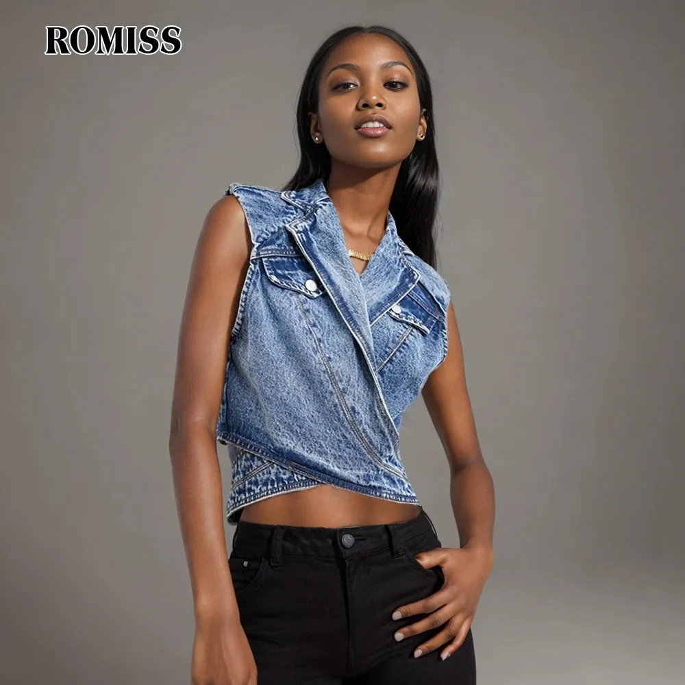 Stylish ROMISS Crisscross Denim Vests For Women Casual Jackets