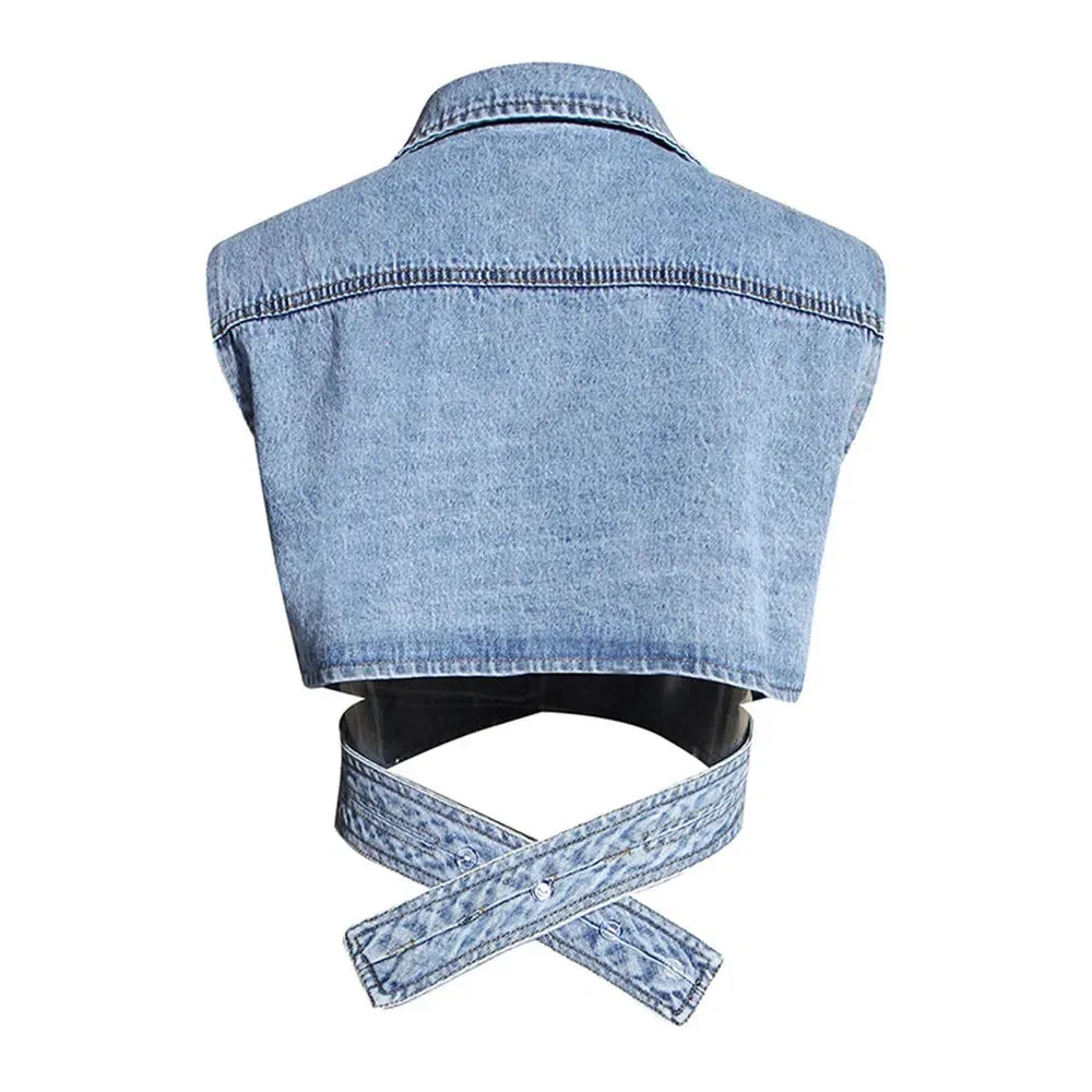 Stylish ROMISS Crisscross Denim Vests For Women Casual Jackets