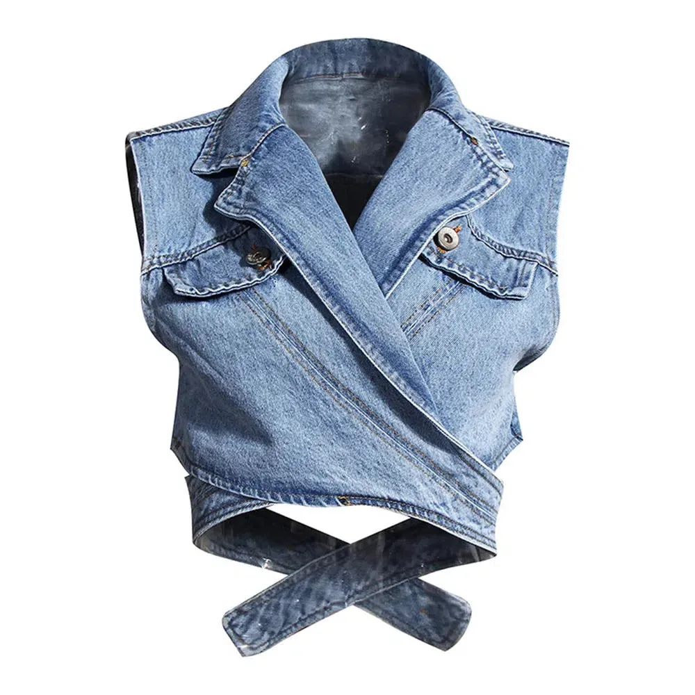 Stylish ROMISS Crisscross Denim Vests For Women Casual Jackets