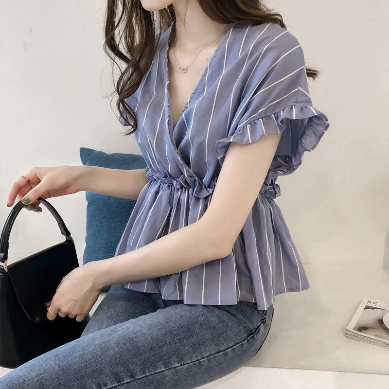 Summer Trendy Ruffle Short Sleeve V-Neck Striped Blouse Feminine Elegant Slim Look Korean Shirt Blouse